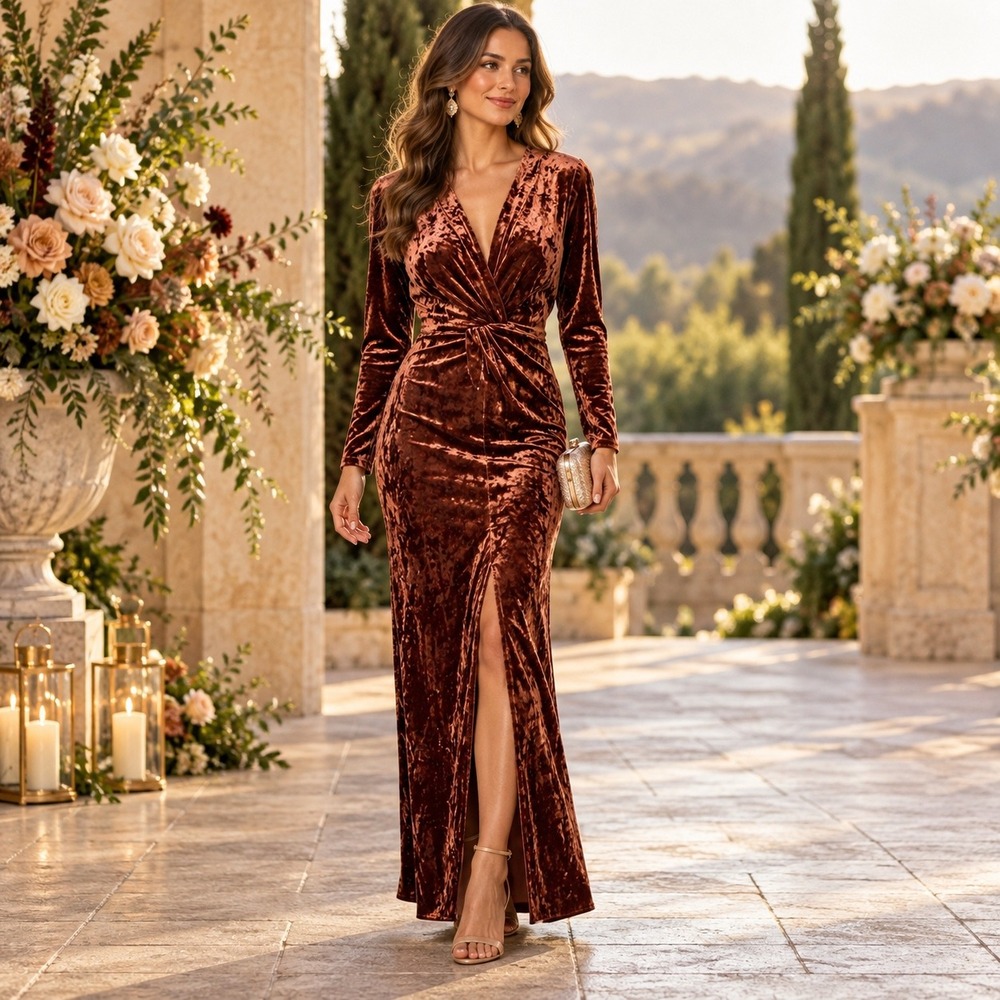 WAYF Velvet Maxi Dress Size S Rust Brown Long Sleeve Ruched Formal Gown Slit